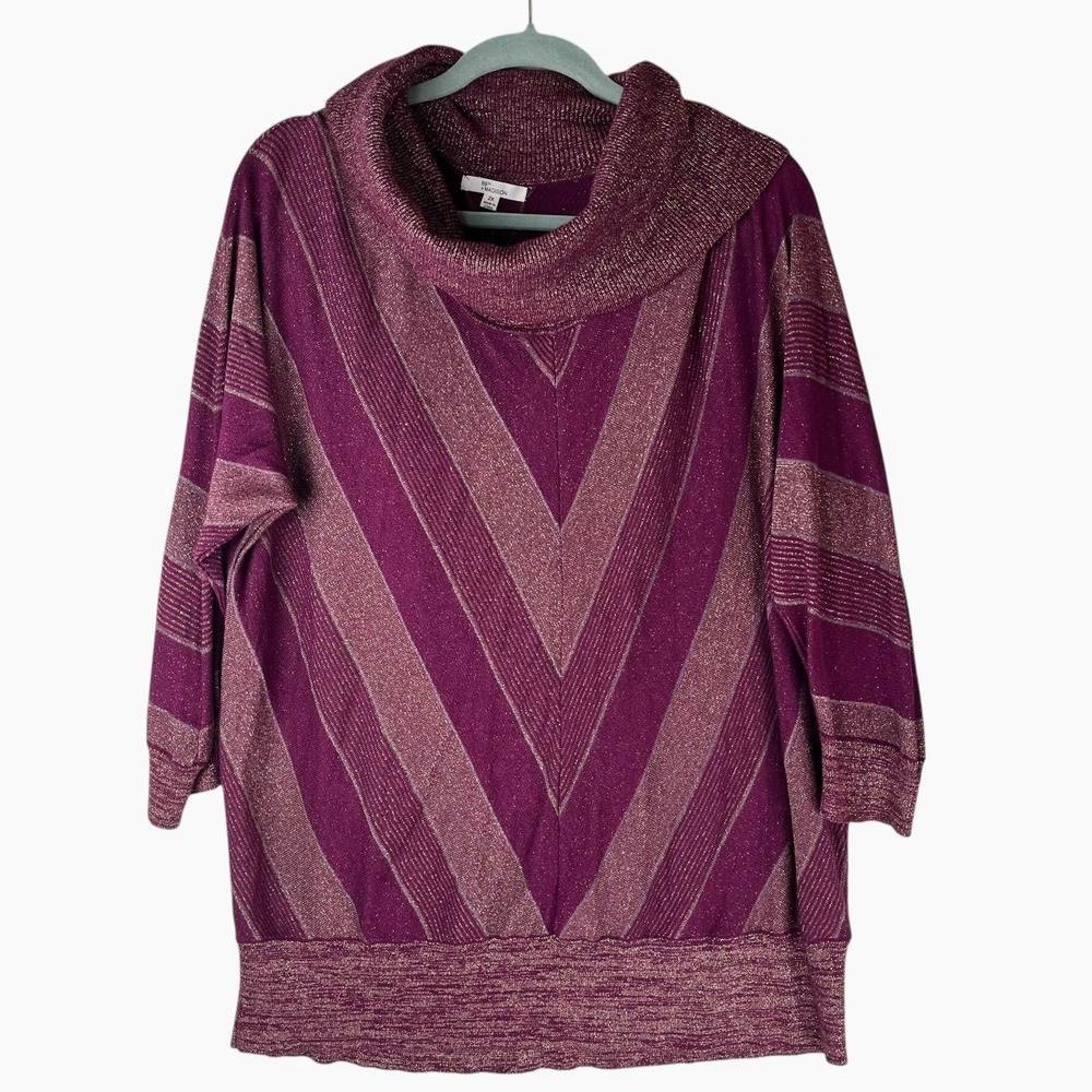 89th & Madison Pink Turtleneck Sweater 2X Metallic Gold Chevron‎ 3/4 Sleeve
